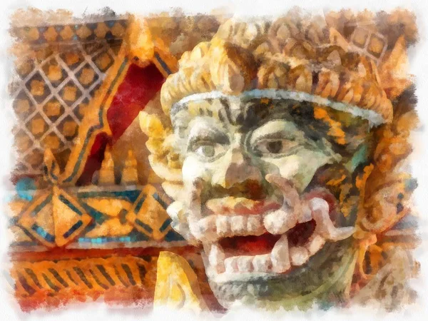 Tayland 'ın kuzeydoğusundaki antik tapınaklar suluboya resim çizimi.