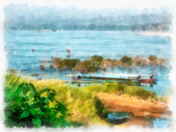 Mekong River Landscape Thailand Watercolor Style Illustration Impressionist Painting — Stock Photo, Image