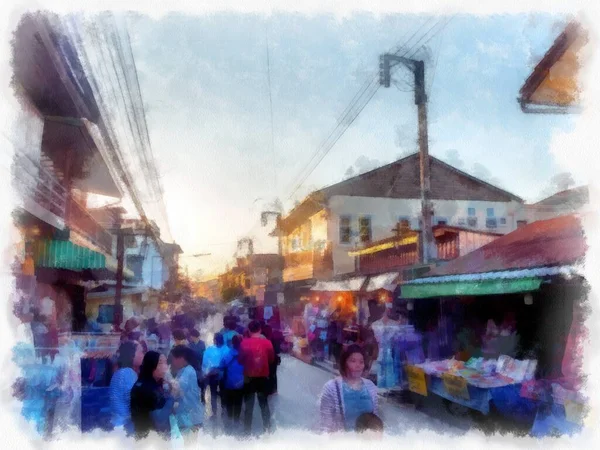 Street landscape in a commercial area of rural Thailand watercolor style illustration impressionist painting.