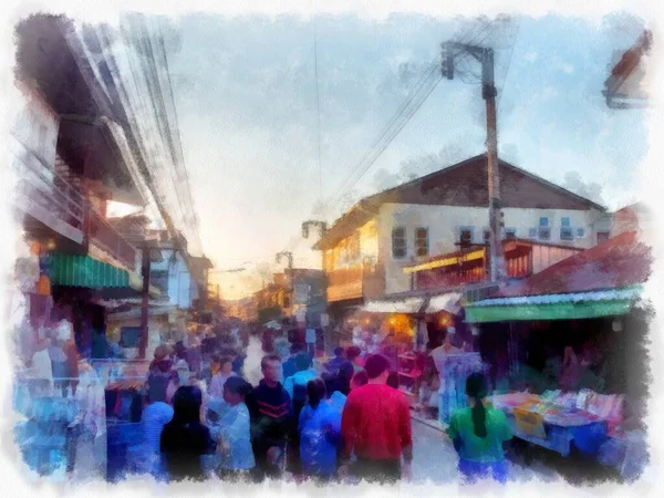 Paisagem Rua Uma Área Comercial Rural Tailândia Aquarela Estilo Ilustração — Fotografia de Stock