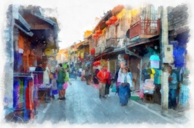 People and lifestyle activities in the morning of rural Thailand watercolor style illustration impressionist painting.