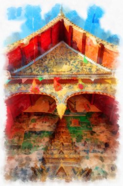 Tayland 'ın kuzeydoğusundaki antik tapınaklar suluboya resim çizimi.