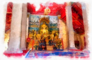 Tayland 'ın kuzeydoğusundaki antik tapınaklar suluboya resim çizimi.