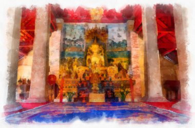 Tayland 'ın kuzeydoğusundaki antik tapınaklar suluboya resim çizimi.