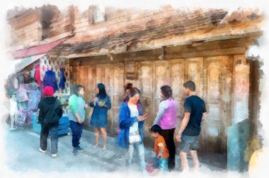 Tayland 'da kırsal turizm pazarlarının insan ve yaşam tarzı faaliyetleri suluboya resim çizimi izlenimcisi.