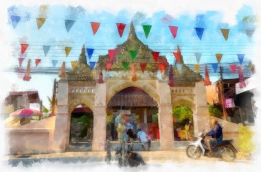 Tayland 'ın kuzeydoğusundaki antik tapınaklar suluboya resim çizimi.