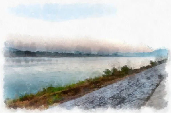 Mekong Řeka Krajina Thajsko Akvarel Styl Ilustrace Impresionista Malba — Stock fotografie