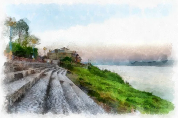 Mekong Fiume Paesaggio Della Thailandia Acquerello Stile Illustrazione Impressionista Pittura — Foto Stock