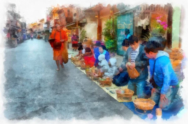 People Lifestyle Activities Morning Rural Thailand Watercolor Style Illustration Impressionist —  Fotos de Stock