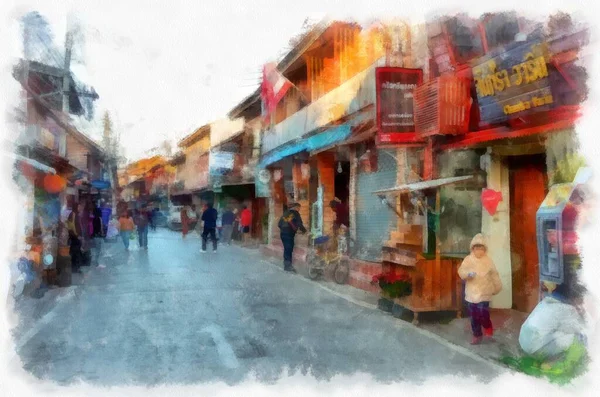 People Lifestyle Activities Morning Rural Thailand Watercolor Style Illustration Impressionist — Photo