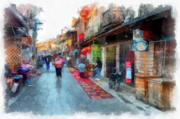 People Lifestyle Activities Morning Rural Thailand Watercolor Style Illustration Impressionist — Fotografia de Stock
