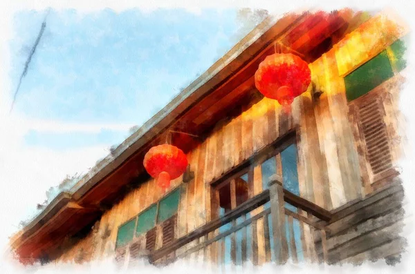 Ancient Wooden Houses Thailand Watercolor Style Illustration Impressionist Painting — Fotografia de Stock