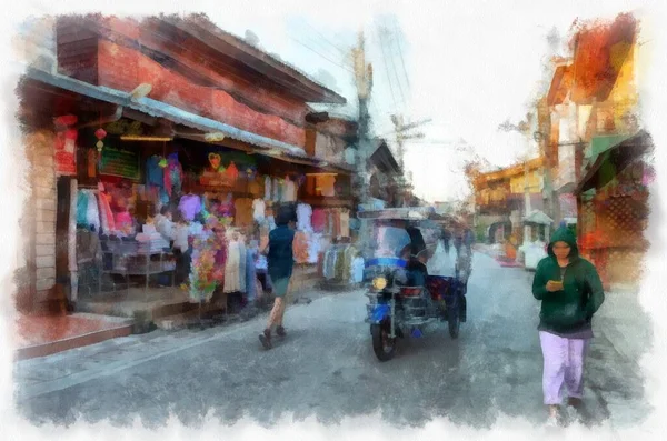 People Lifestyle Activities Morning Rural Thailand Watercolor Style Illustration Impressionist — 图库照片