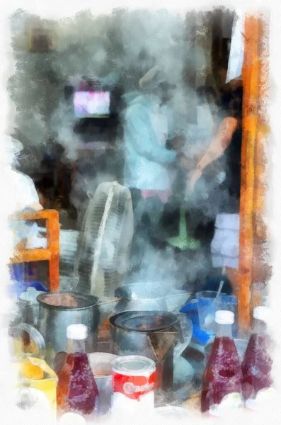 Antique Coffee Shop Provinces Thailand Watercolor Style Illustration Impressionist Painting — 스톡 사진