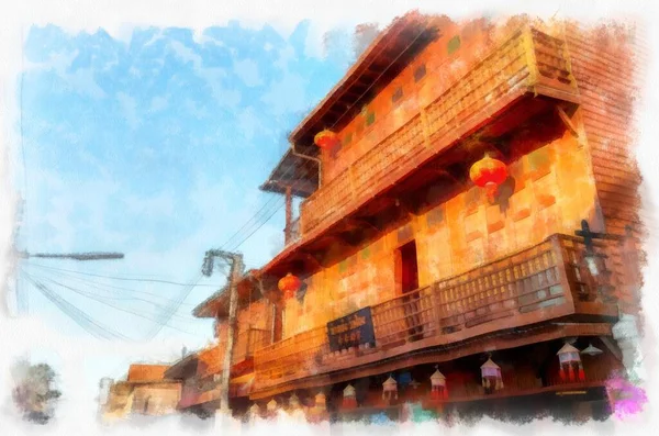 Ancient Wooden Houses Thailand Watercolor Style Illustration Impressionist Painting — Foto de Stock