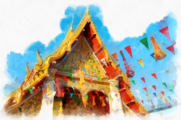 Templos Antigos Nas Províncias Nordestinas Tailândia Aquarela Estilo Ilustração Impressionista — Fotografia de Stock