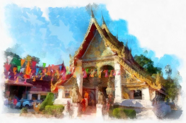 Templos Antigos Nas Províncias Nordestinas Tailândia Aquarela Estilo Ilustração Impressionista — Fotografia de Stock