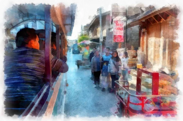 People Lifestyle Activities Rural Tourism Markets Thailand Watercolor Style Illustration — 图库照片