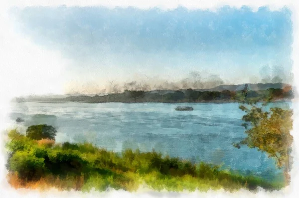 Mekong Río Paisaje Tailandia Acuarela Estilo Ilustración Impresionista Pintura —  Fotos de Stock