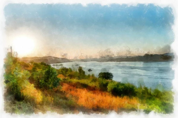 Mékong Paysage Fluvial Thaïlande Aquarelle Style Illustration Peinture Impressionniste — Photo