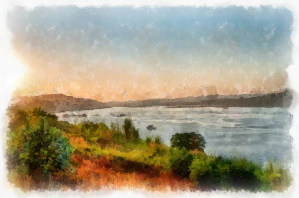 Mekong River Landscape Thailand Watercolor Style Illustration Impressionist Painting — Zdjęcie stockowe