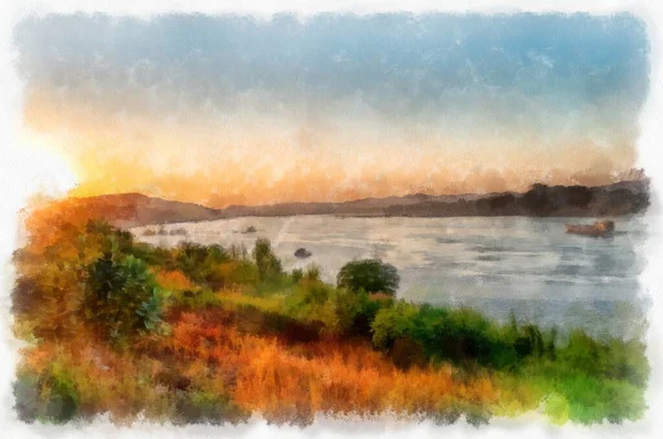 Mékong Paysage Fluvial Thaïlande Aquarelle Style Illustration Peinture Impressionniste — Photo