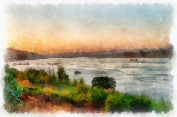 Mekong Řeka Krajina Thajsko Akvarel Styl Ilustrace Impresionista Malba — Stock fotografie