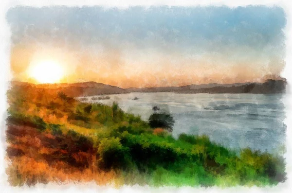 Mekong River Landscape Thailand Watercolor Style Illustration Impressionist Painting — Foto Stock