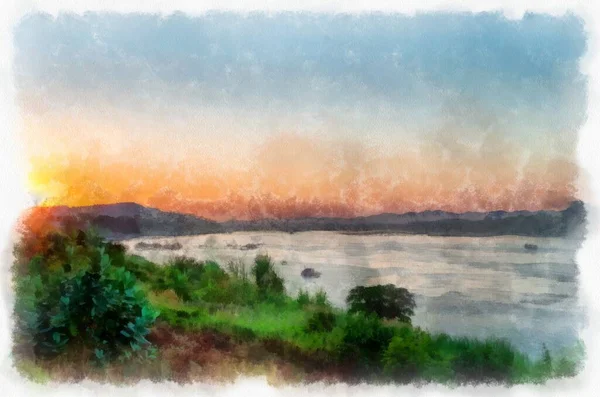 Mekong Rio Paisagem Tailândia Aquarela Estilo Ilustração Impressionista Pintura — Fotografia de Stock
