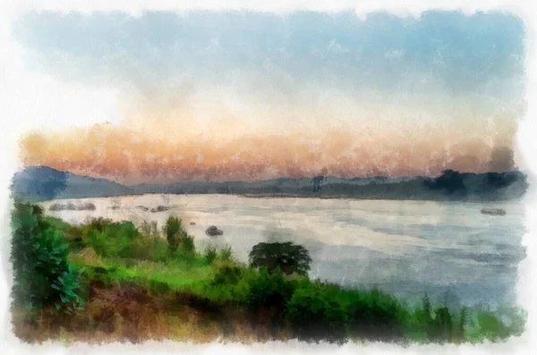 Mekong River Landscape Thailand Watercolor Style Illustration Impressionist Painting — Stockfoto