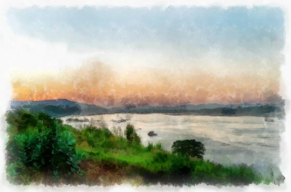 Mekong Rio Paisagem Tailândia Aquarela Estilo Ilustração Impressionista Pintura — Fotografia de Stock