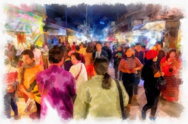 Mensen Levensstijl Activiteiten Kleuren Van Toeristische Nachtmarkt Van Het Platteland — Stockfoto