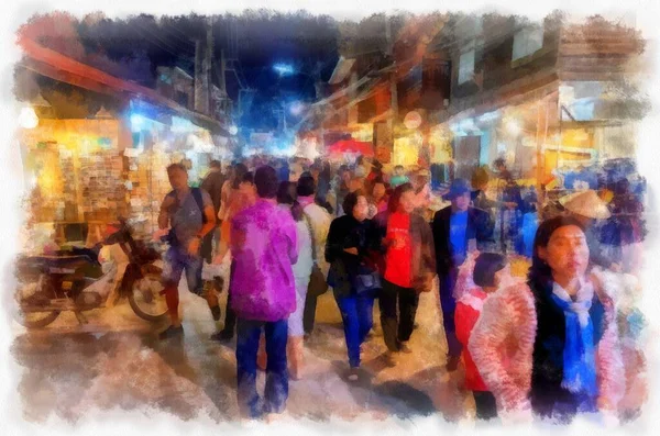 People Lifestyle Activities Colors Tourist Night Market Rural Thailand Watercolor — Φωτογραφία Αρχείου