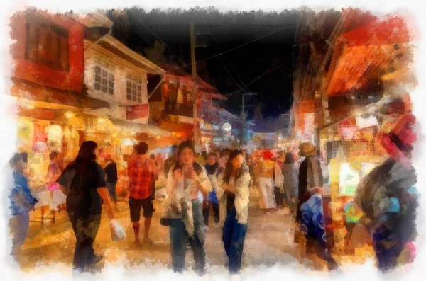 People Lifestyle Activities Colors Tourist Night Market Rural Thailand Watercolor — Stockfoto