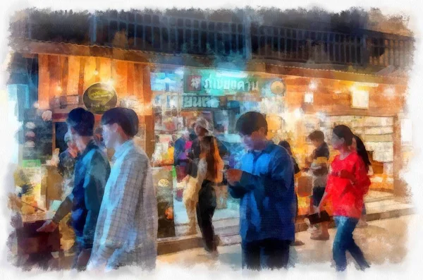 People Lifestyle Activities Colors Tourist Night Market Rural Thailand Watercolor —  Fotos de Stock