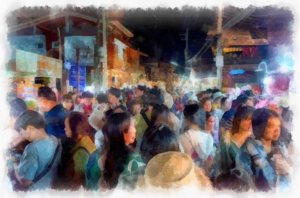 People Lifestyle Activities Colors Tourist Night Market Rural Thailand Watercolor — Stockfoto