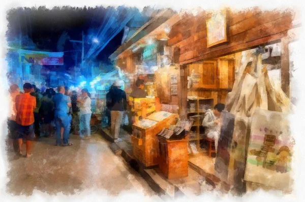 Emberek Életmód Tevékenységek Színek Turisztikai Éjszakai Piacon Vidéki Thaiföld Akvarell — Stock Fotó