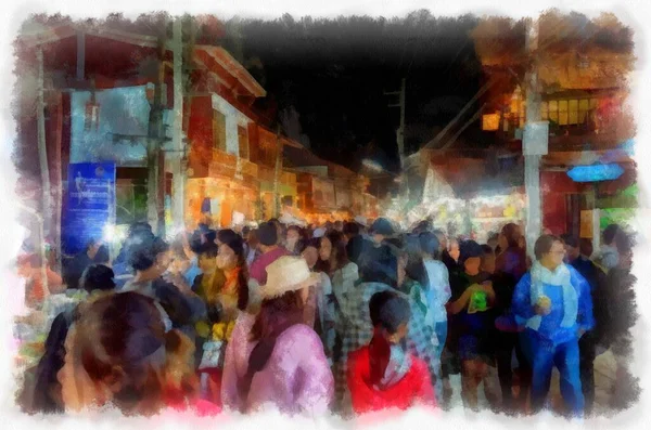 People Lifestyle Activities Colors Tourist Night Market Rural Thailand Watercolor — 스톡 사진