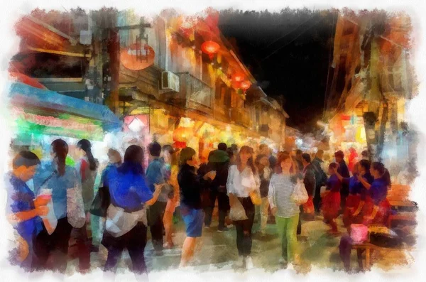 People Lifestyle Activities Colors Tourist Night Market Rural Thailand Watercolor —  Fotos de Stock