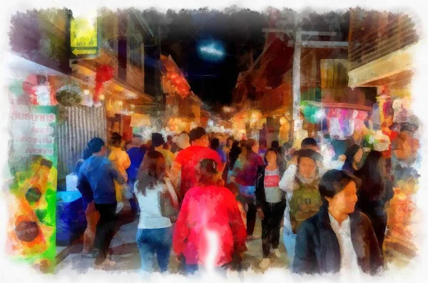 People Lifestyle Activities Colors Tourist Night Market Rural Thailand Watercolor —  Fotos de Stock