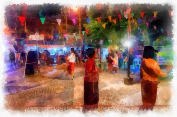 People Lifestyle Activities Colors Tourist Night Market Rural Thailand Watercolor — Stock Fotó