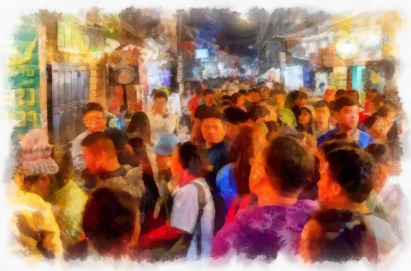 People Lifestyle Activities Colors Tourist Night Market Rural Thailand Watercolor — Foto Stock
