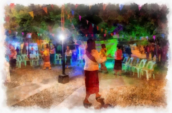 People Lifestyle Activities Colors Tourist Night Market Rural Thailand Watercolor — Stock Fotó