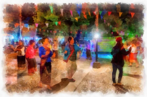 People Lifestyle Activities Colors Tourist Night Market Rural Thailand Watercolor — ストック写真