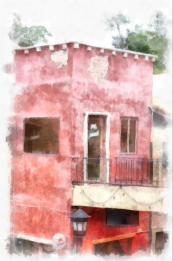 Eski İtalyan köyü mimarisi suluboya resim çizimi çiziyor..