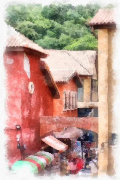 Ancient Italian Village Architecture Building Watercolor Style Illustration Impressionist Painting — стоковое фото