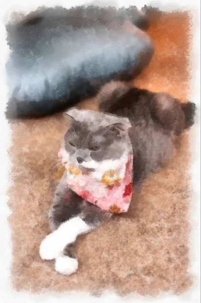 Cats Various Cute Poses Watercolor Style Illustration Impressionist Painting — Photo