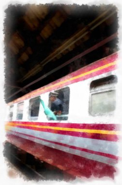 Tayland treni suluboya resim çizimi.
