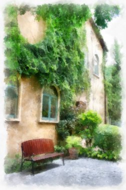 Eski İtalyan köyü mimarisi suluboya resim çizimi çiziyor..