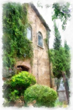 Eski İtalyan köyü mimarisi suluboya resim çizimi çiziyor..